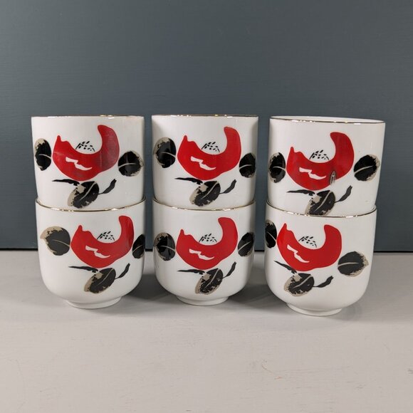 Set of 6 Hot Pepper pattern teacups, made in Japan - Picture 1 of 9